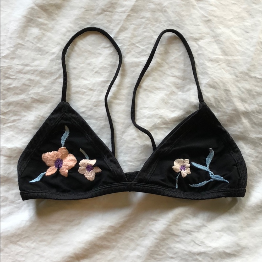 ROVE swim black embroidered flower bikini top